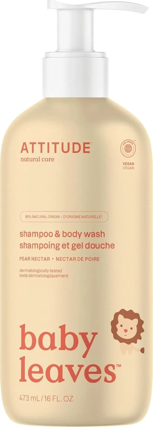 ATTITUDE Baby 2-in-1 Shampoo & Body Wash, EWG Verified, Dermatologically Tested, Vegan, Pear Nectar Scent, 16 Fl Oz