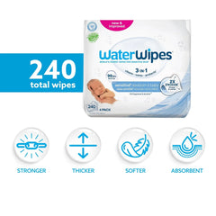 WaterWipes Sensitive+ Newborn & Baby Wipes, 3-In-1 Cleans, Cares, Protects, 99.9% Water, Unscented & Hypoallergenic, 240 Count (4 Packs)