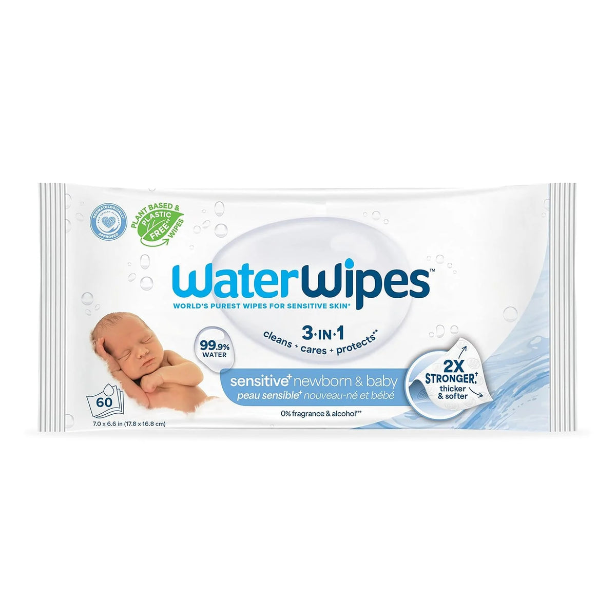 WaterWipes Sensitive+ Newborn & Baby Wipes, 3-In-1 Cleans, Cares, Protects, 99.9% Water, Unscented & Hypoallergenic, 60 Count