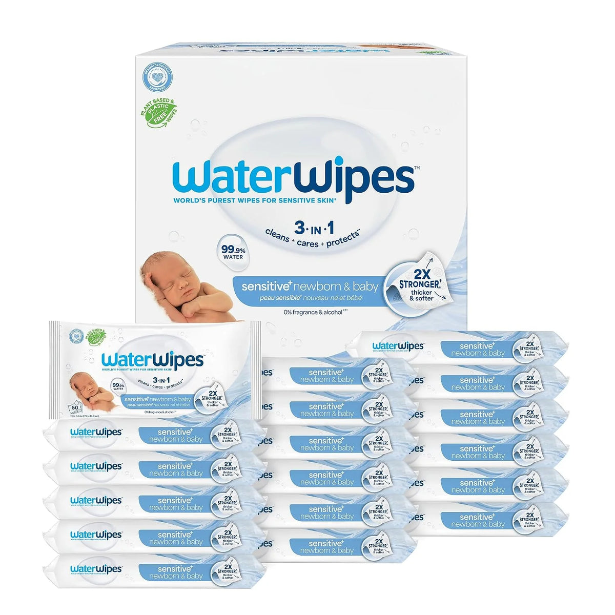 WaterWipes Sensitive+ Newborn & Baby Wipes, 3-In-1 Cleans, Cares, Protects, 99.9% Water, Unscented & Hypoallergenic, 1080 Count (18 Packs)