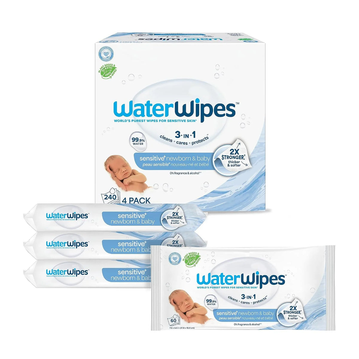 WaterWipes Sensitive+ Newborn & Baby Wipes, 3-In-1 Cleans, Cares, Protects, 99.9% Water, Unscented & Hypoallergenic, 240 Count (4 Packs)