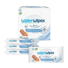 WaterWipes Sensitive+ Newborn & Baby Wipes, 3-In-1 Cleans, Cares, Protects, 99.9% Water, Unscented & Hypoallergenic, 240 Count (4 Packs)