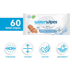 WaterWipes Sensitive+ Newborn & Baby Wipes, 3-In-1 Cleans, Cares, Protects, 99.9% Water, Unscented & Hypoallergenic, 60 Count
