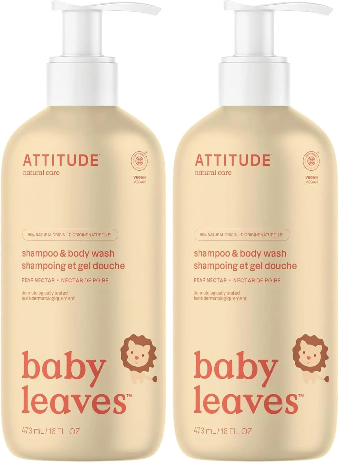 ATTITUDE 2-in-1 Shampoo and Body Wash for Baby, EWG Verified, Dermatologically Tested, Vegan, Pear Nectar, 16 Fl Oz, (Pack of 2)